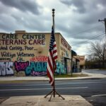 Flick International Graffiti-covered exterior of a veterans care center reflecting turmoil from LA riots