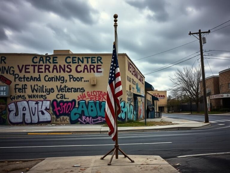 Flick International Graffiti-covered exterior of a veterans care center reflecting turmoil from LA riots