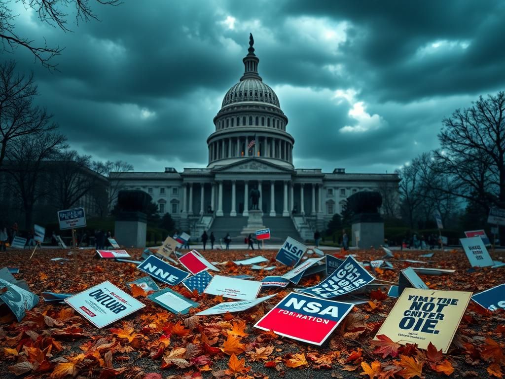 Flick International A dramatic scene outside the U.S. Capitol building showcasing protest signs under a brooding sky