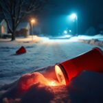 Flick International A snowy suburban street with a broken taillight indicating a recent accident