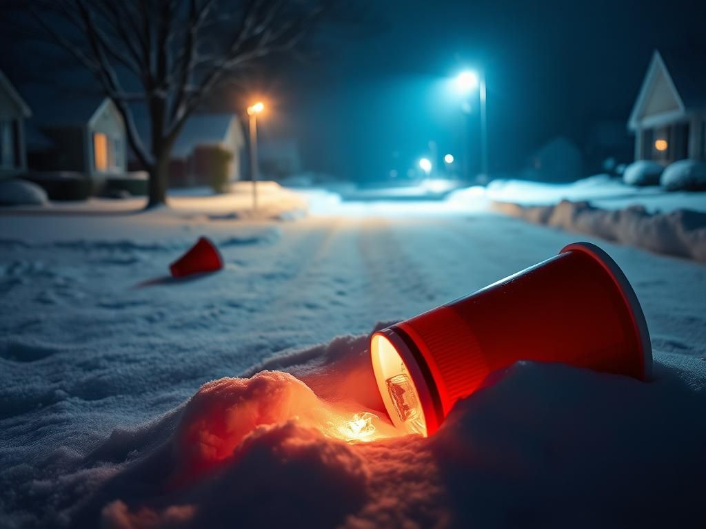 Flick International A snowy suburban street with a broken taillight indicating a recent accident