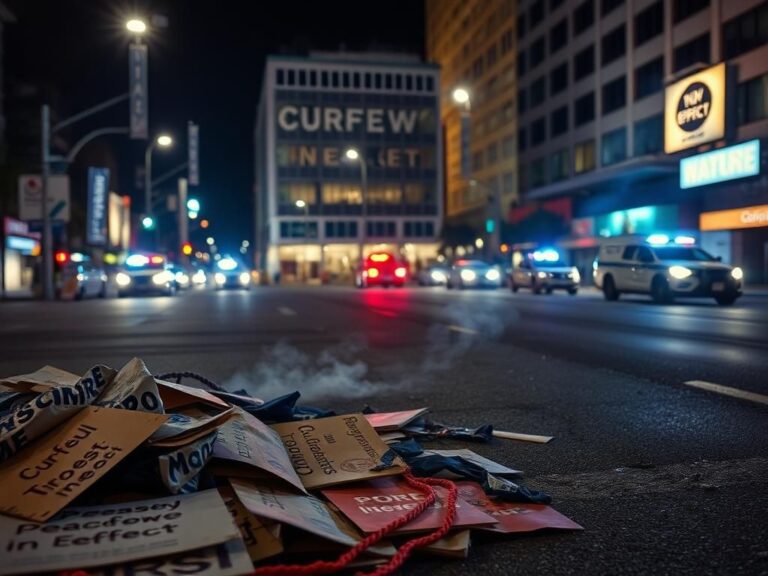 Flick International Nighttime scene of empty street in downtown Los Angeles after anti-ICE protests with barricades and police vehicles