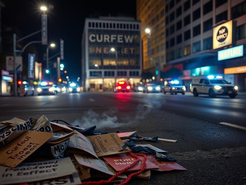 Flick International Nighttime scene of empty street in downtown Los Angeles after anti-ICE protests with barricades and police vehicles