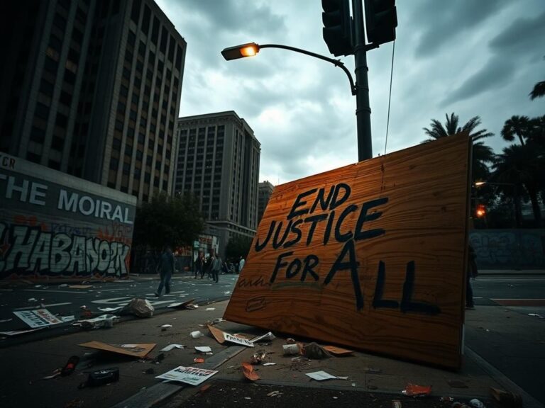 Flick International Dimly lit urban street scene showing remnants of a chaotic anti-ICE protest in Los Angeles