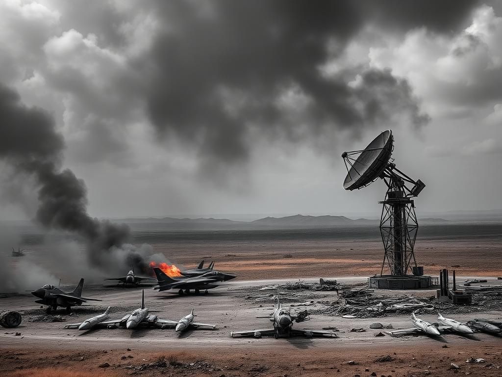 Flick International Aerial view of a war-torn landscape showing devastation from military strikes