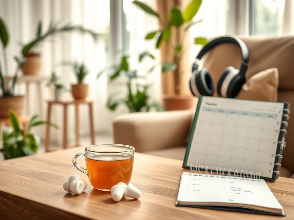 Flick International Cozy home environment with earplugs and tea promoting hearing protection