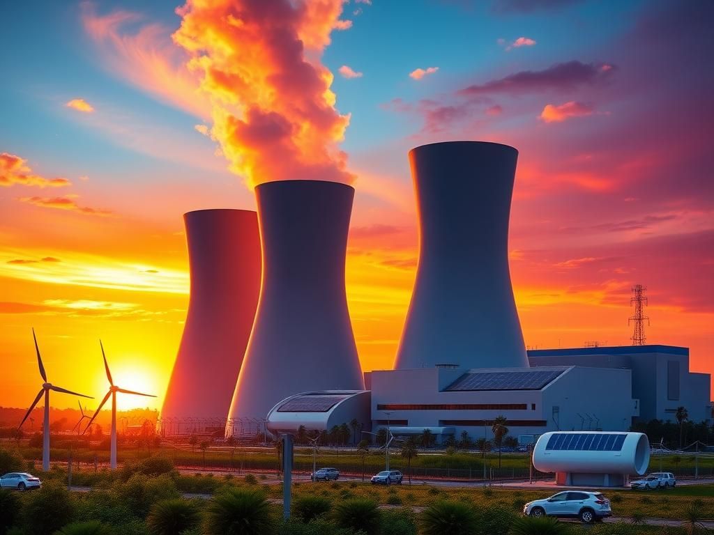 Flick International A modern nuclear power plant with cooling towers against a Florida sunset