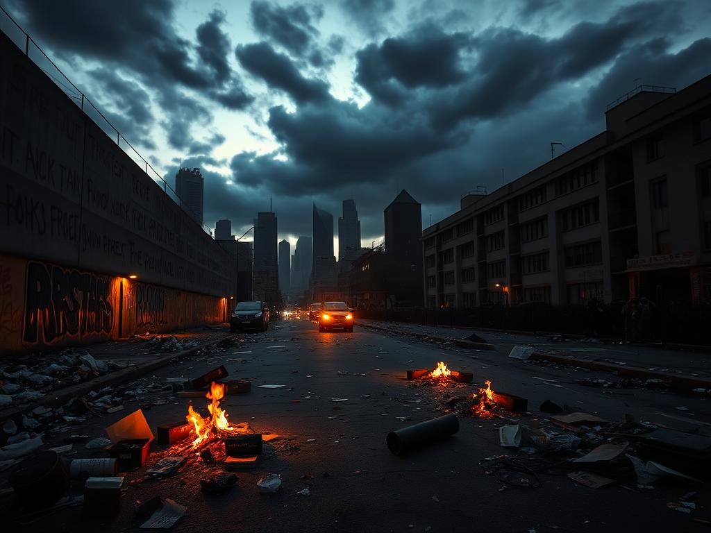 Flick International Chaotic urban scene depicting an empty city street at dusk with dark clouds and debris