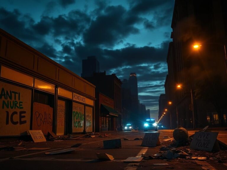 Flick International Dramatic urban landscape at dusk depicting the aftermath of an anti-ICE demonstration with boarded-up storefronts and scattered protest signs.