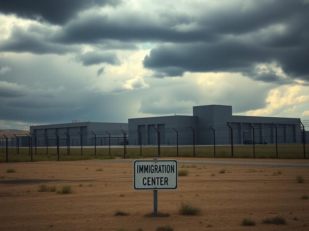 Flick International A modern immigration detention facility surrounded by barbed wire against an overcast sky