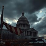 Flick International A somber depiction of a crumbling Capitol building with a weathered American flag, symbolizing the erosion of democracy