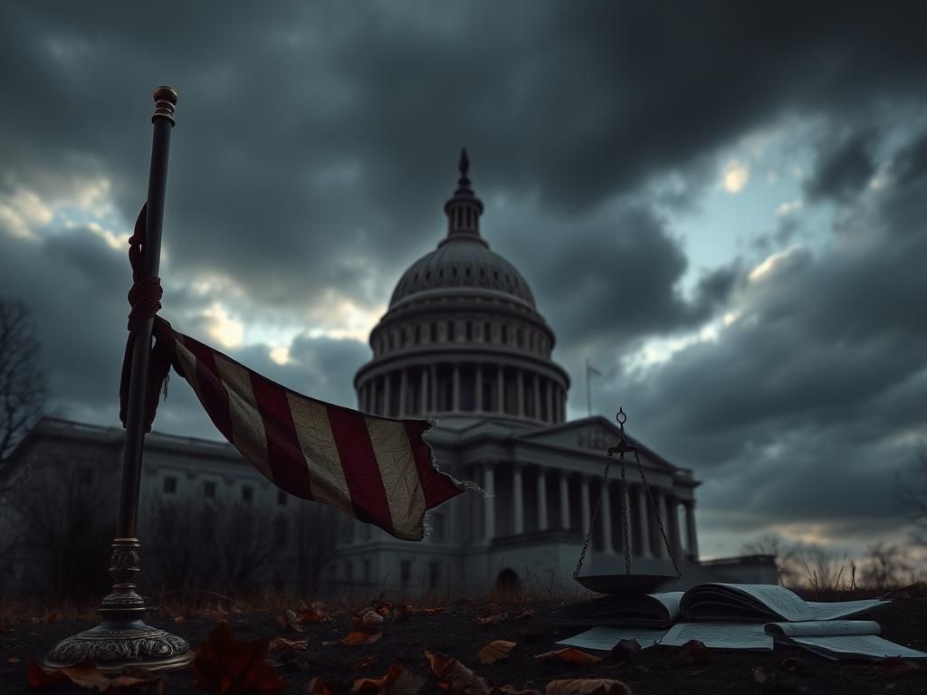 Flick International A somber depiction of a crumbling Capitol building with a weathered American flag, symbolizing the erosion of democracy