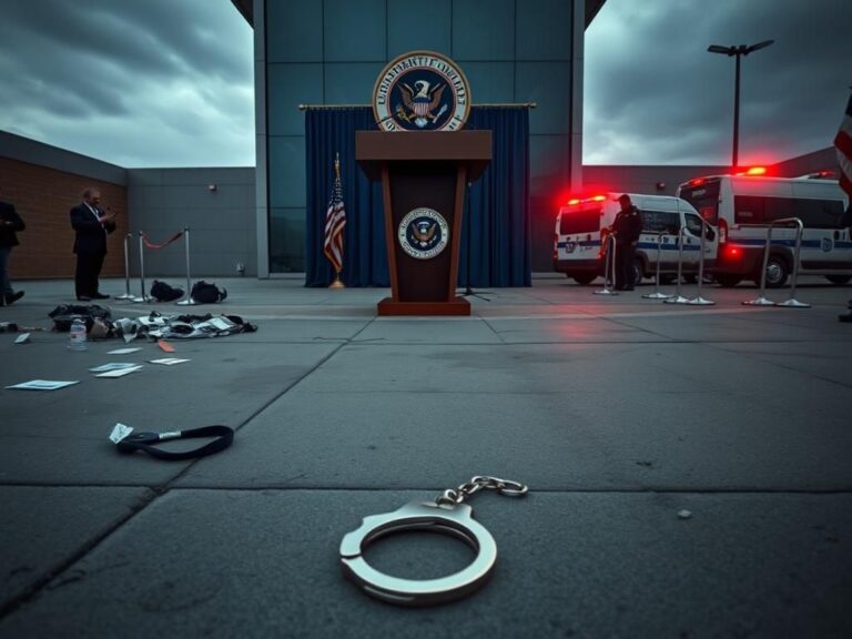 Flick International A tense press conference scene with handcuffs on the ground and a DHS backdrop.