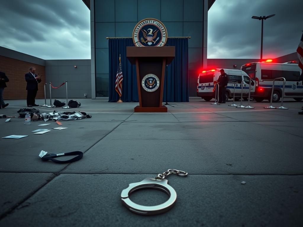 Flick International A tense press conference scene with handcuffs on the ground and a DHS backdrop.