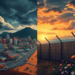 Flick International A divided landscape depicting contrasting views on immigration policy with an urban scene and fortified border