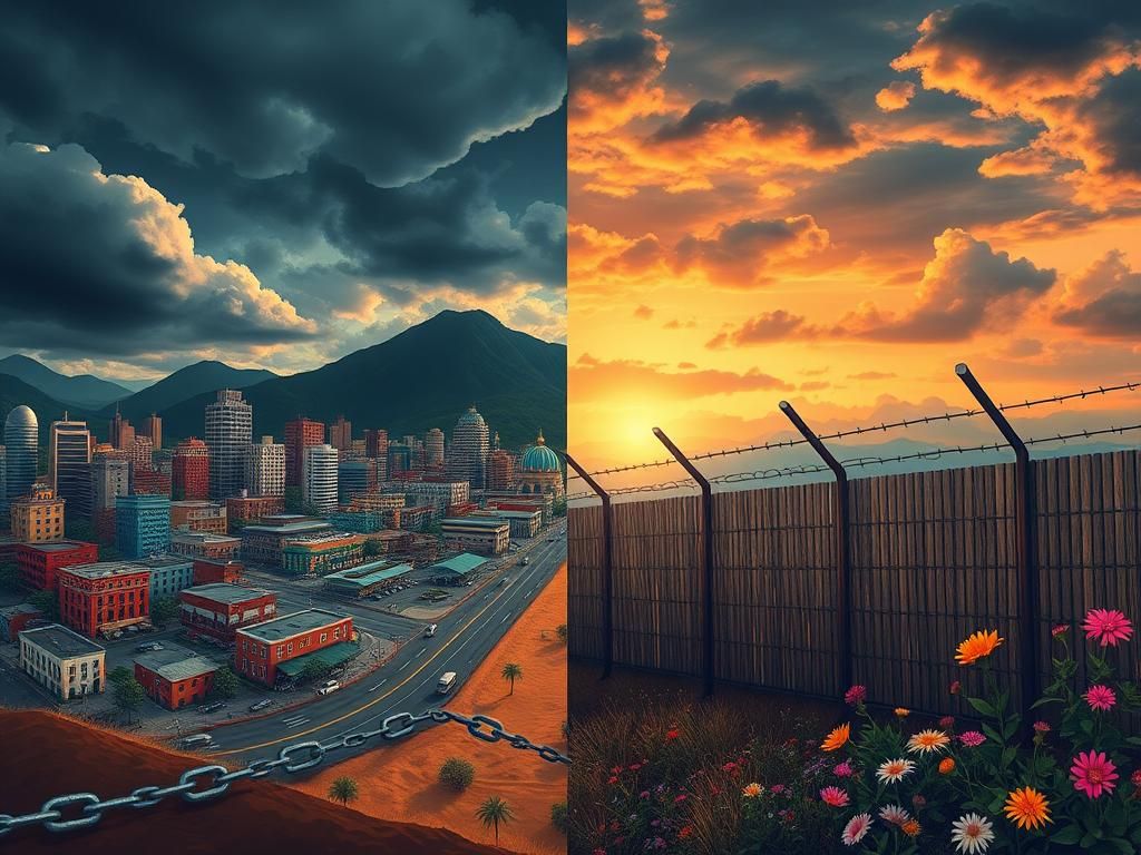 Flick International A divided landscape depicting contrasting views on immigration policy with an urban scene and fortified border