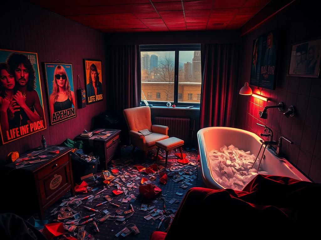 Flick International Chaotic hotel room representing Billy Idol's struggles with addiction