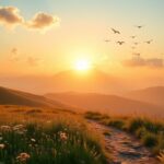 Flick International Serene landscape at sunrise showcasing rolling hills and a winding path through wildflowers