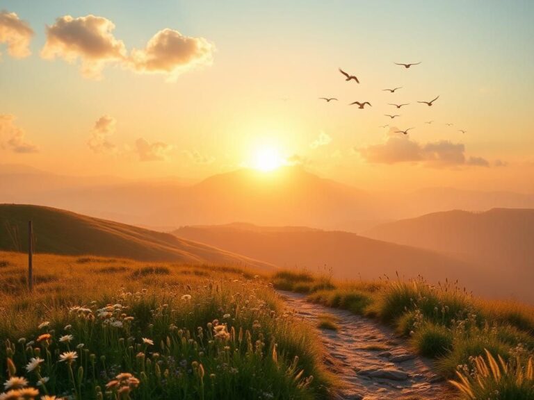 Flick International Serene landscape at sunrise showcasing rolling hills and a winding path through wildflowers