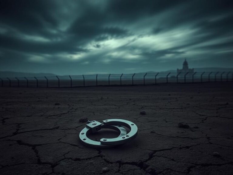Flick International A desolate landscape representing the plight of Venezuelan migrants, featuring abandoned handcuffs on cracked earth and a barbed wire fence in the background.
