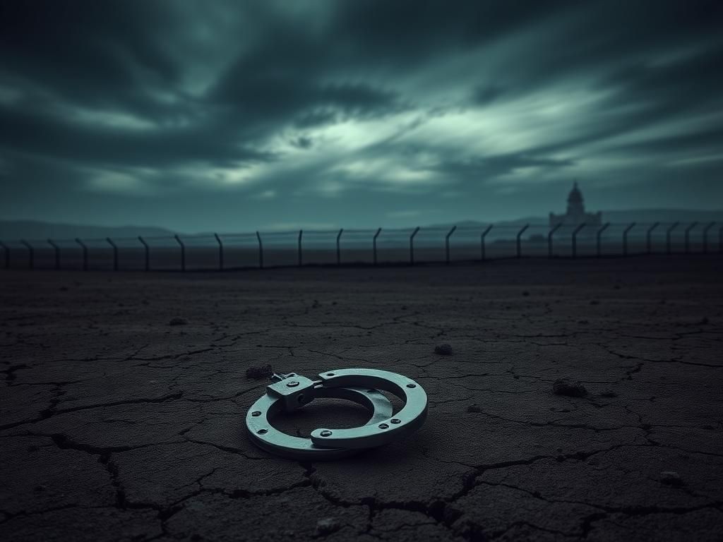 Flick International A desolate landscape representing the plight of Venezuelan migrants, featuring abandoned handcuffs on cracked earth and a barbed wire fence in the background.