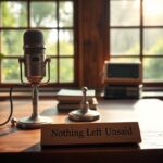 Flick International A microphone and wooden podcast studio table symbolizing the father-son podcast legacy.
