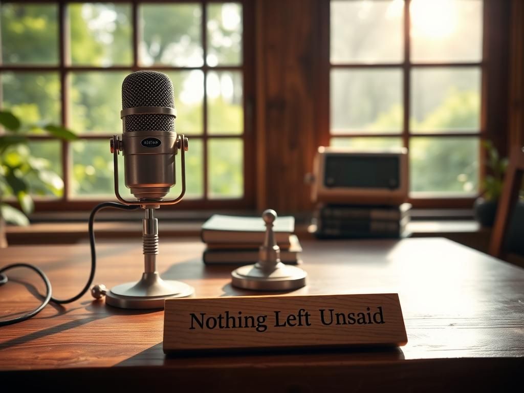 Flick International A microphone and wooden podcast studio table symbolizing the father-son podcast legacy.