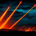 Flick International Night sky illuminated by missile strikes over industrial structures symbolizing nuclear facilities.