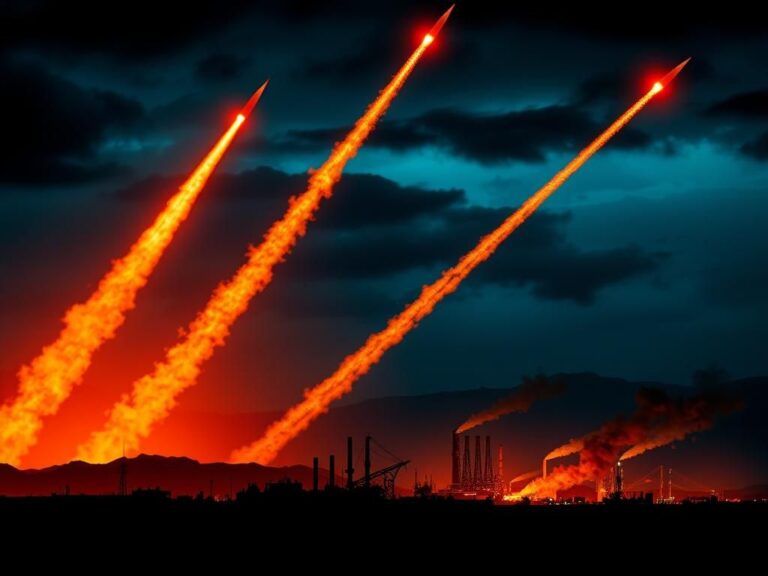 Flick International Night sky illuminated by missile strikes over industrial structures symbolizing nuclear facilities.