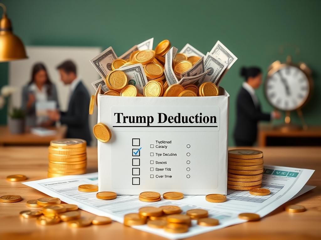 Flick International A decorative box labeled 'Trump Deduction' overflowing with golden coins and dollar bills