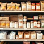 Flick International Well-organized grocery shelf with generic food products in plain packaging