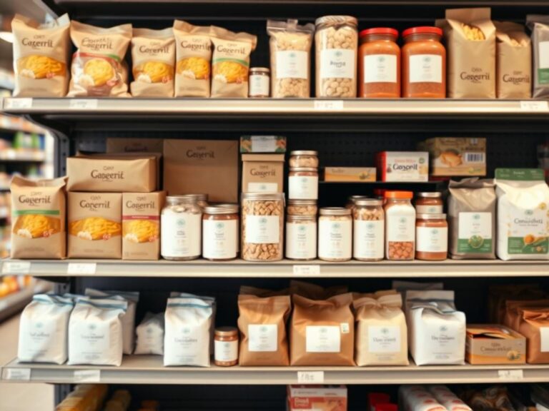 Flick International Well-organized grocery shelf with generic food products in plain packaging