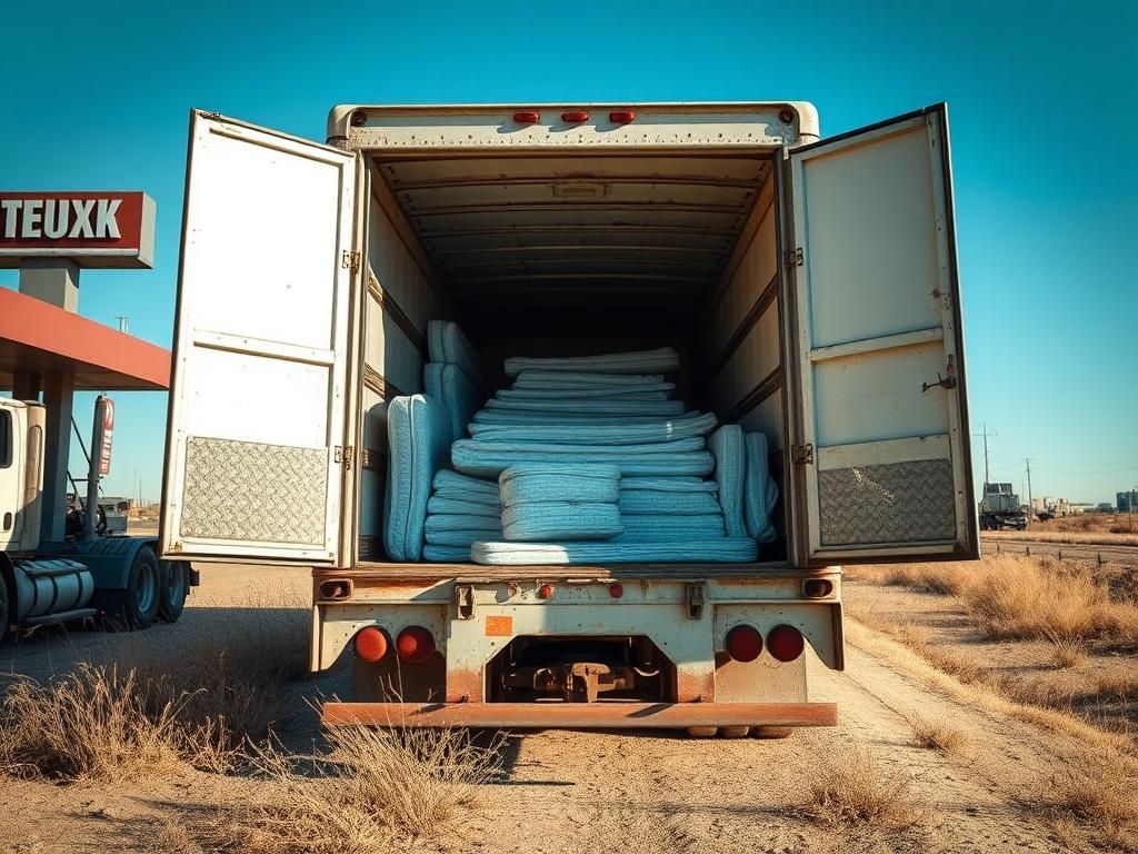 Flick International A weathered white box truck parked at a truck stop in Texas with mattresses and a crawl space visible inside.