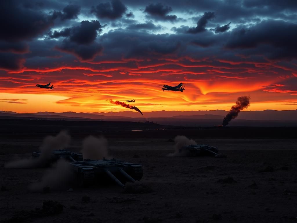 Flick International Dramatic landscape depicting the tension between Israel and Iran with military remnants