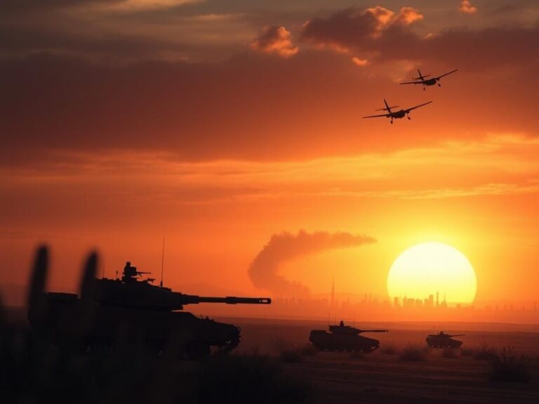 Flick International A dramatic military landscape depicting an operation in a desert at sunset with a silhouette of Tehran