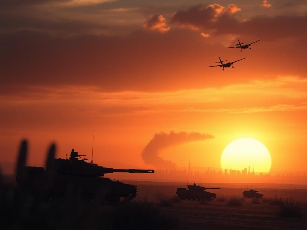 Flick International A dramatic military landscape depicting an operation in a desert at sunset with a silhouette of Tehran