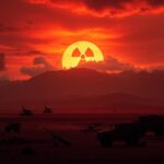 Flick International Arid Iranian landscape with military base and war vehicles against a fiery sunset