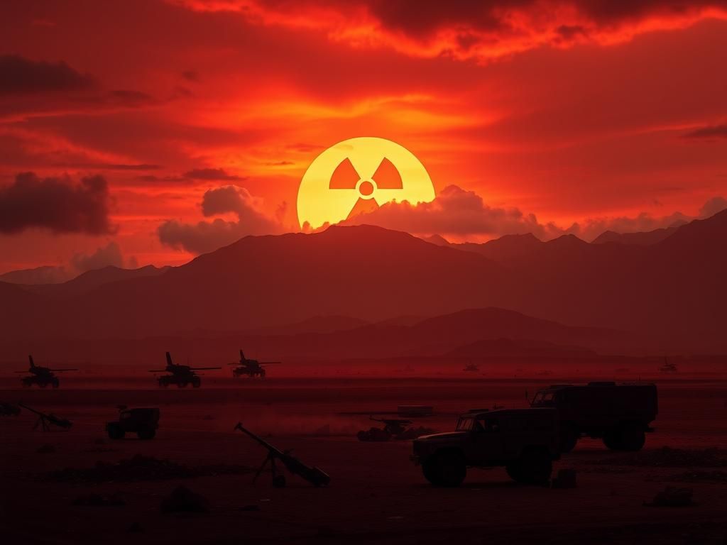 Flick International Arid Iranian landscape with military base and war vehicles against a fiery sunset