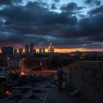 Flick International Dramatic urban landscape at twilight with dark clouds and remnants of protest