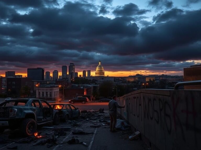 Flick International Dramatic urban landscape at twilight with dark clouds and remnants of protest