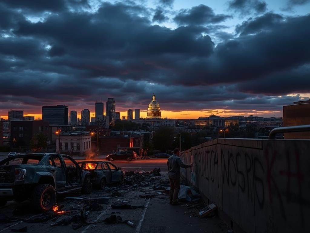Flick International Dramatic urban landscape at twilight with dark clouds and remnants of protest