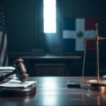 Flick International somber courtroom scene with judge's bench and gavel, representing justice in the Wander Franco trial