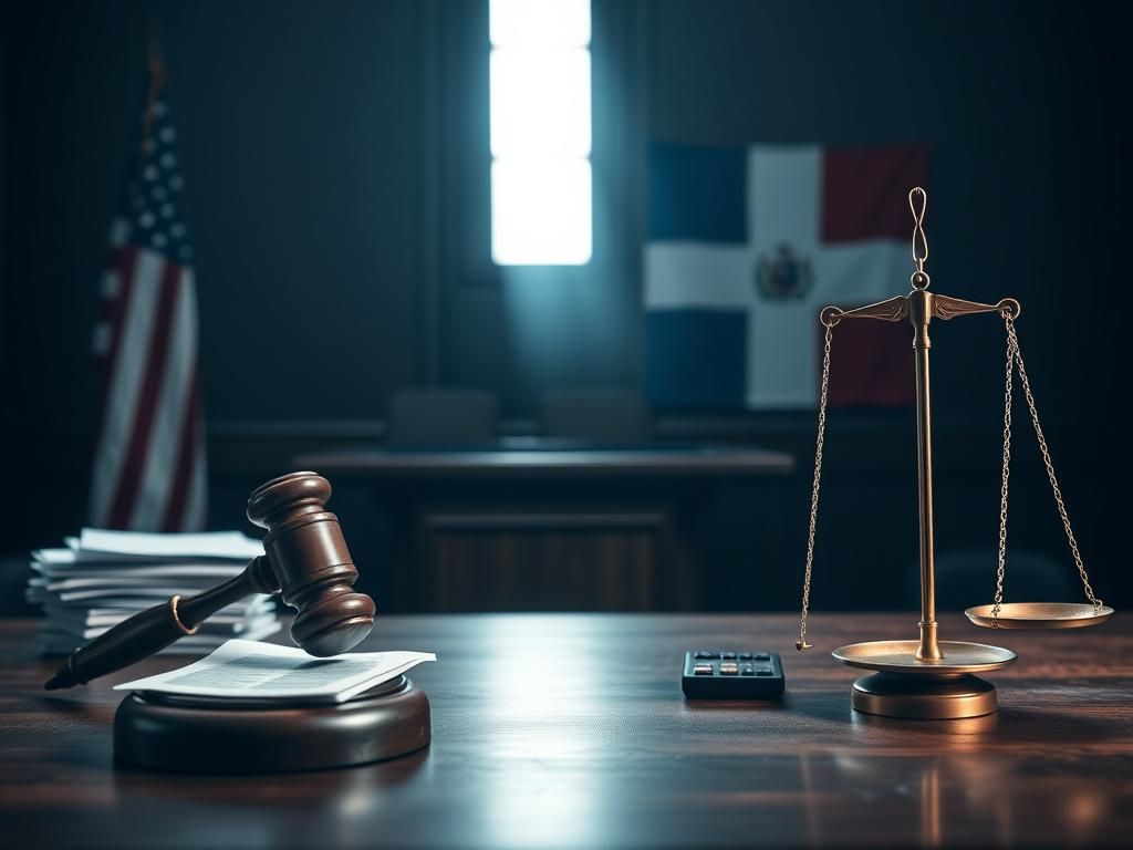 Flick International somber courtroom scene with judge's bench and gavel, representing justice in the Wander Franco trial