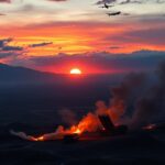 Flick International Aerial view of the aftermath of an airstrike on Iranian missile launchers at dusk
