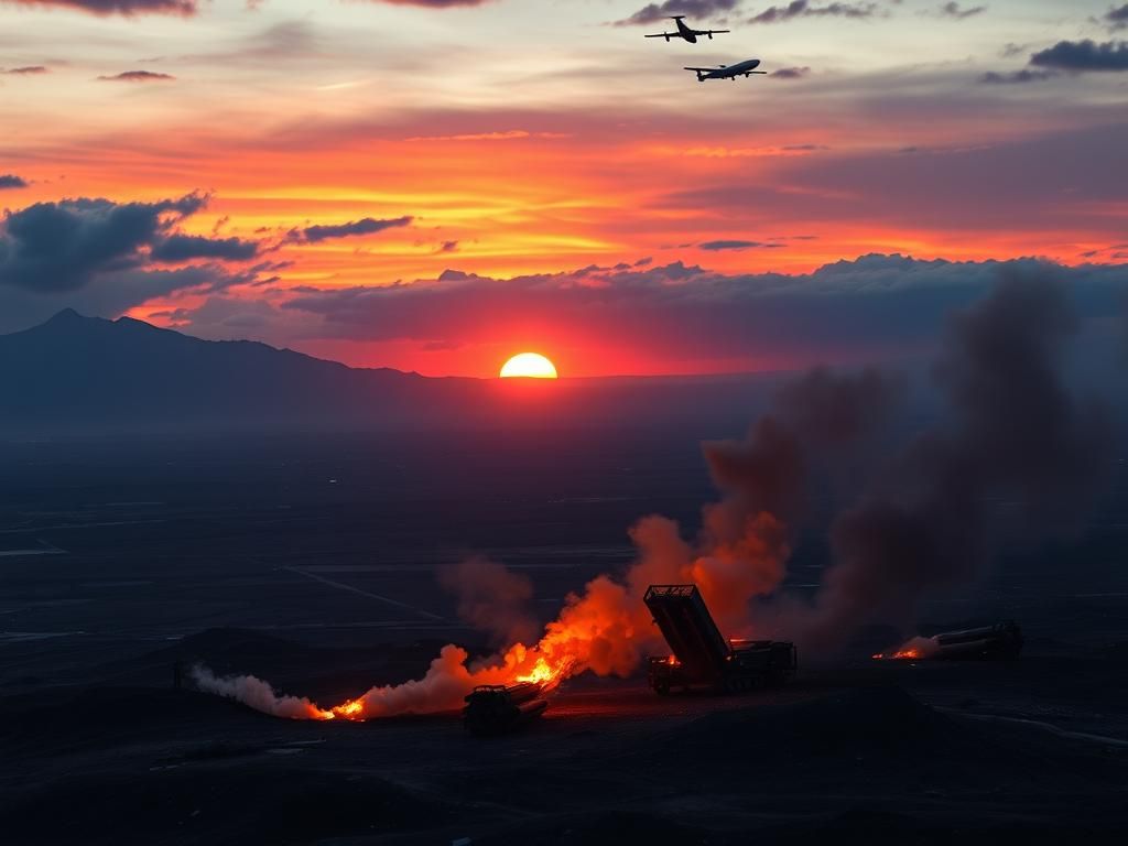 Flick International Aerial view of the aftermath of an airstrike on Iranian missile launchers at dusk
