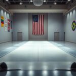 Flick International Empty fencing hall showcasing a polished fencing strip with colorful state banners and LGBTQ pride symbols