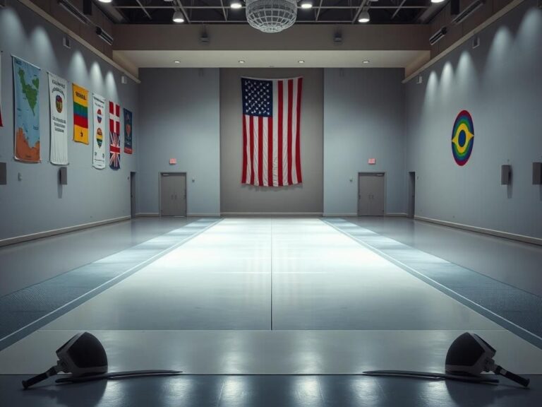 Flick International Empty fencing hall showcasing a polished fencing strip with colorful state banners and LGBTQ pride symbols