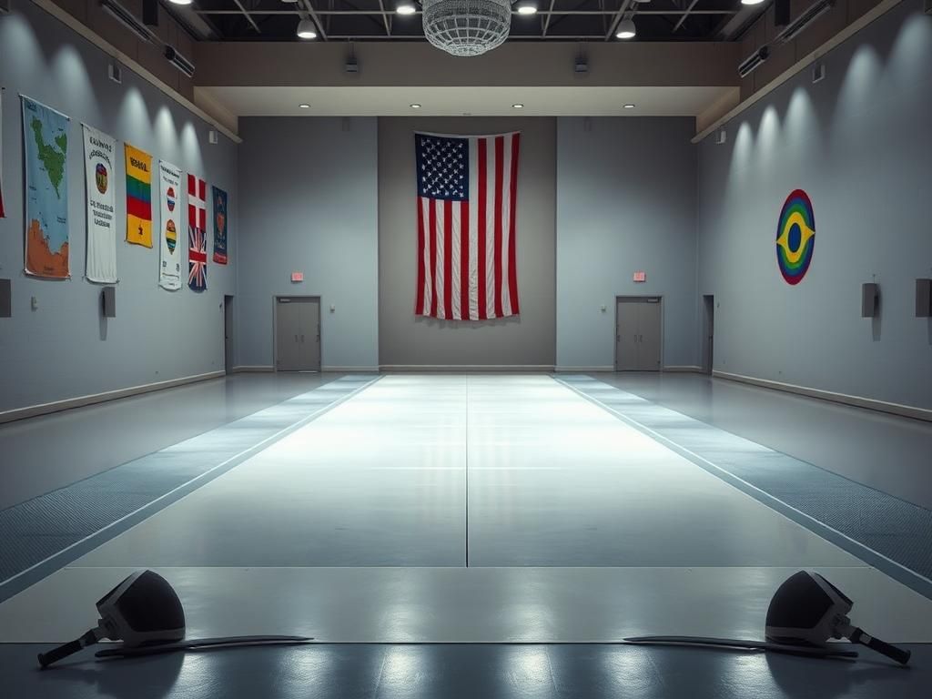 Flick International Empty fencing hall showcasing a polished fencing strip with colorful state banners and LGBTQ pride symbols