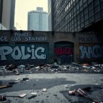 Flick International Aftermath of a Los Angeles riot with graffitied police station and scattered debris