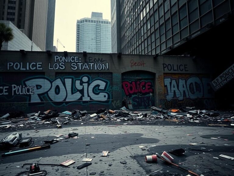 Flick International Aftermath of a Los Angeles riot with graffitied police station and scattered debris